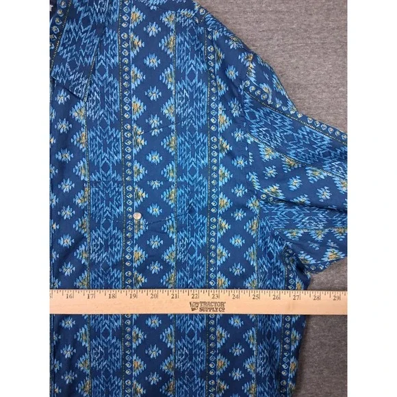 Wrangler Mens Shirt 2XL Blue Pearl Snap Aztec Southwestern Tribal Checotah Rodeo